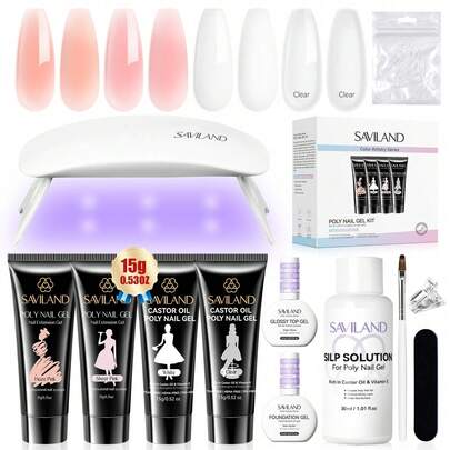  SAVILAND Poly Gel Nail Kit 28 Day Wear: 1 Min Quick Extension Poly Nail Gel Added Castor Oil VE 4 Colors Poly Extension Gel Nail Kit With Slip Solution For Nail Overlay Strengthen Home DIY Beginners