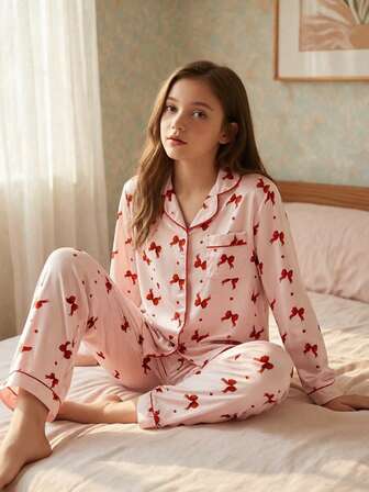 青少年蝴蝶结彩色长袖睡衣套装