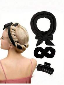 4 piezas Accesorios y herramientas para el cabello de mujer, rizador de cabello sin calor, herramientas de peinado, pasadores para el cabello, lazos para el cabello, herramientas para el cabello para barbería, salón de belleza, artículos esenciales de viaje, productos para el cabello, decoración del hogar, baño y uso diario, cuidado suave del cabello, accesorios para el cabello - Negro 4 piezas - Ver 8