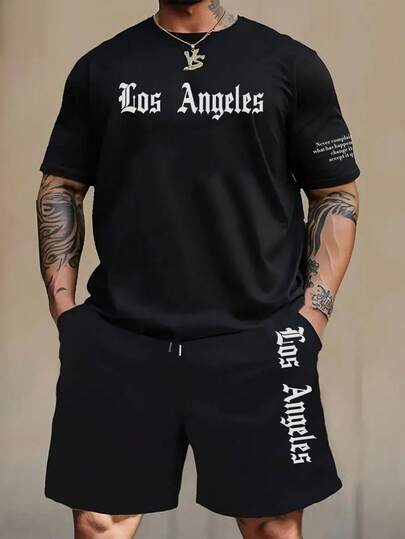 2 pezzi/Set Maglietta a maniche corte e pantaloncini casual versatili da uomo con stampa di frasi in inglese ed elementi, primavera/estate