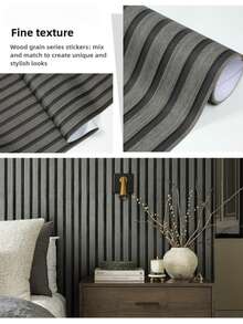 1卷黄色仿木纹自粘壁纸，灰色竖条纹网格，防水防潮，易清洁，可移除贴纸，适用于卧室、客厅、餐厅、宿舍、家居装饰、橱柜、书桌、抽屉、家具翻新，易于安装，可裁剪尺寸，尺寸：17.7英寸 x 393.7英寸/196.8英寸/118.1英寸/39.3英寸