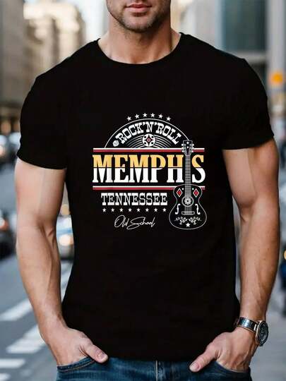 100% Cotton Rock N Roll Memphis Tennessee Old School Guitar T-Shirt Round Neck Short Sleeve Streetwear Fashion Breathable Homme Soft Unisex Designer Clothes For Women Casual Clothes