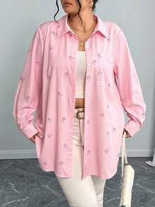 Áo sơ mi dài màu hồng in nơ dành cho nữ, thiết kế vai rớt, cài cúc phía trước, kiểu dáng thường ngày bằng chất liệu polyester. - Màu Hồng baby - Xem 8