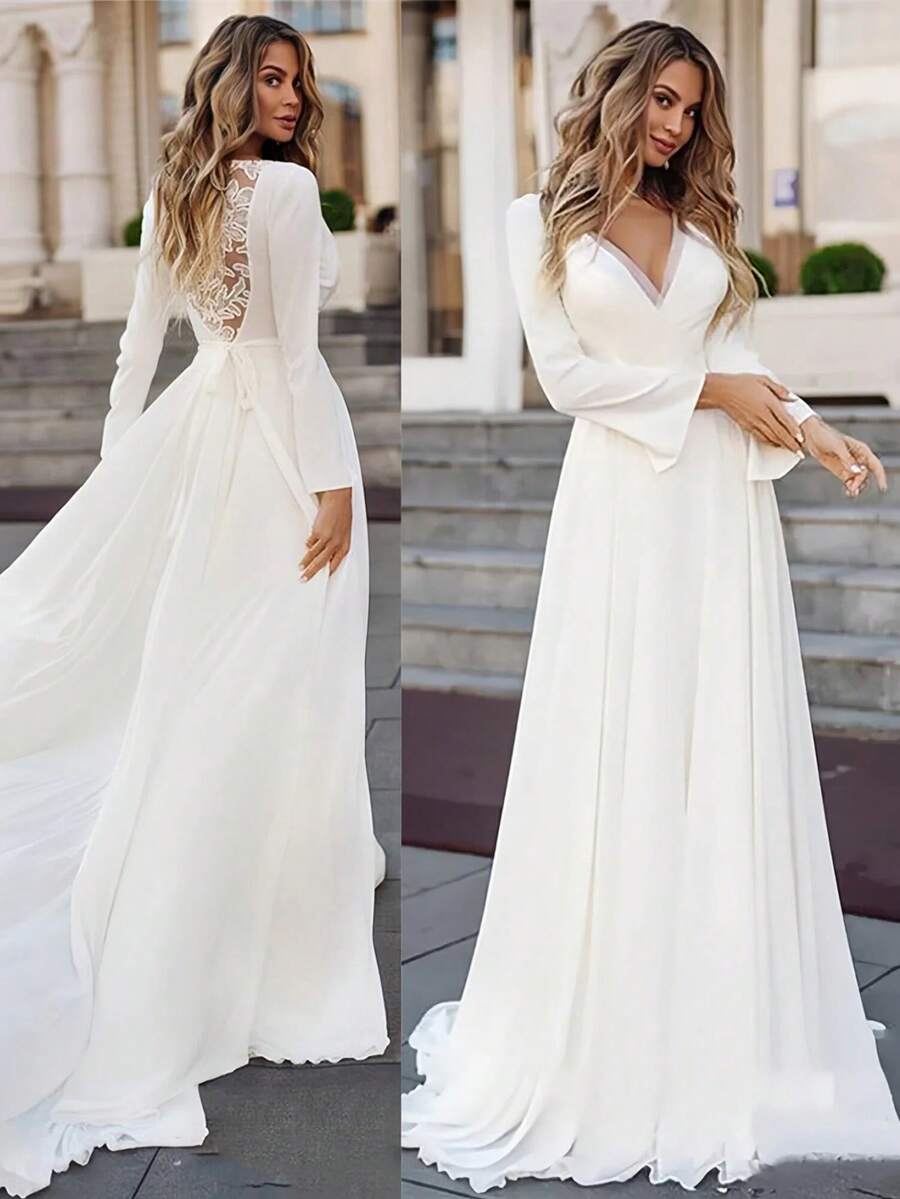 Elegant Sexy V Neck Backless Long Sleeves A Line Satin Formal Wedding Dress,Registry Office Dresses Bridal Gown,Evening Party Dress Birthday Party Dress Country Wedding,Romantic Church Ceremony Wedding Dress,Suitable For Wedding,Dating,Party,Singles' Party,Vacation,Formal Occasions,Dinner Dress,Prom Dress,Homecoming Dess,Cocktail Party,Wedding Guest Dress,Graduation - 白色 - 查看 1