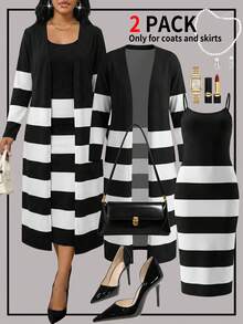 Women 2 Pcs Black And White Striped Dress & Long Cardigan Set, Spaghetti Strap Bodycon Midi Dress, Open Front Knit Cardigan - Black - View 4