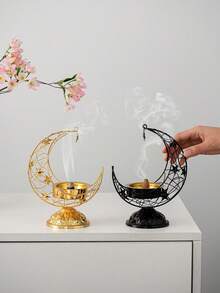 1pc Moon Shaped Metal Incense Burner, Black & Gold, Minimalist Modern Style, Luxury Style Incense Holder, Middle Eastern Arabic Incense Burner, Suitable For Home, Living Room, Office, Hotel, Holiday Decor - Multicolor - View 12