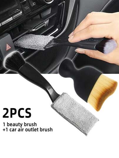 2pcs/Set, Including Car Air Vent Brush And Detailing Brush, Dual-Head Tool For Cleaning Car Interior, Air Vent Brush, Car Crevice Duster Brush, And Soft-Bristle Brush Suitable For Car Washing, Batteries Not Included