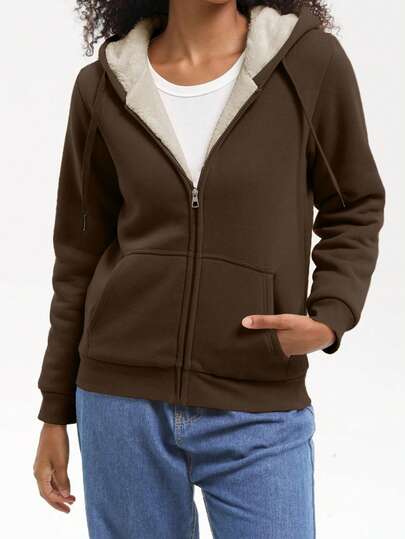 Speed mate 女士休闲宽松棕色抓绒外套，带帽保暖冬装，内衬羊羔绒，超大拉链毛绒卫衣，适合居家休闲、日常穿着和户外散步