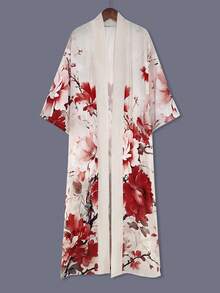 日式印花中长款和服罩衫薄外套，优雅欧美风，休闲街头风罩衫，沙滩度假旅行披肩，轻便斗篷外套，浴衣 - 粉色 - 查看 2