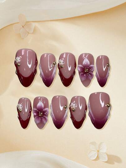 10pcs French Floral Medium Almond Shaped Nail Stickers, Handmade Acrylic Nail Art Stickers, Y2K Gradient Holographic DIY Nail Sticker Set, 3D Embossed Effect, Rhinestone & Gold Bead Design, Full Coverage Classic Style, Reusable, Smooth Surface, Suitable For Nail Salons, Girls & Ladies Daily Nails, Festivals & Gifts, Nail Art Set, Nail Supplies, Nail Art, Minimalist Fashion To Elevate Your Look!