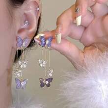 1pcs Elegant Purple Glass Butterfly Long Tassel Earrings For Women Delicate Rhinestone Crystal Insect Earrings - 2pcs - 查看 3
