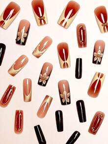 24Pcs/Set Elegant 3D Floral French Nail Stickers With Gold Edges & Pearls, Square Shaped Press-On Nail Art Tips, Suitable For Girls/Ladies Everyday, Outdoor, Party Nail Decoration Press On Nails Nail Supplies Nails - Multicolor 10 - 查看 3