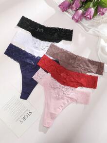 6pcs Romantic French Lace Trim Sexy Thong Panties, Valentine's Day Gift - Multicolor - View 4