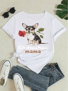 T-shirt graphique décontracté pour femmes "Chihuahua Mama", adorable chien avec impression de rose, col rond, manches courtes, pour les amateurs d'animaux de compagnie - Blanc - Voir 4