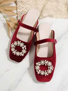 女士水钻方头玛丽珍拖鞋，休闲一脚蹬凉鞋，百搭优雅，春夏款 - 紅色 - 查看 7