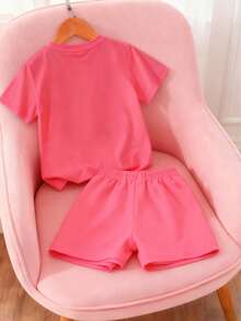 This Casual Outfit Features A Unique Cherry Pattern Design And Includes A Fuchsia Crew Neck T-Shirt And A Fuchsia Culottes - Hot Pink - View 4