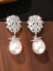 1 Pair Luxury Faux Pearl Wedding Pendant Earrings, Inlaid With Cubic Zirconia Teardrop, Women's Jewelry, Copper Earrings, Elegant Engagement Christmas Gift - 白色 - 查看 7