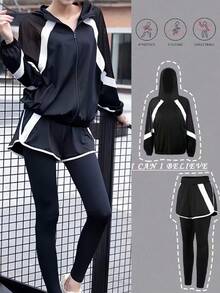 女士极简运动套装，黑色网眼外套，二合一运动裤，健身服，适合瑜伽和骑行
