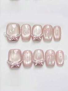 10pcs Pure Handmade Press On Nails Sweet Short Coffin-Shaped/Medium-Long Oval Blush Cat Eye Hand-Pressed Nail Patches, 3D Pink Bow Fake Nail Pearl French Nail Patches, Cute Summer Nail, Suitable For Weddings, Valentine's Day, Back-To-School Season And Daily Wear - Pink - View 12