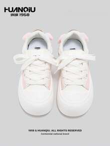 HUANQIU 女士可爱卡通帆布鞋，厚底休闲白鞋，面包鞋 - 粉色 - 查看 4