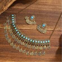 波西米亚风绿松石合金硬币流苏项链，复古夸张项链耳环套装，适合宴会、派对、节日等场合佩戴 - 錢幣款 - 查看 13