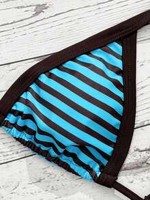 Women's Sexy Blue Striped Tie-Front Bikini Set, Suitable For Spring/Summer Vacation, Beach, Party, Made Of High-Elasticity Fabric - Blue - View 3