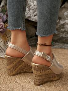 Nouvelles sandales à plateforme à texture d'arbre avec talon compensé et bout ouvert, sandales en corde de lin pour femmes au quotidien, chaussures à talon épais avec bout ouvert - Doré - Voir 8