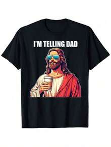 I'm Telling Dad Shirt Funny Religious Christian Jesus Meme T-Shirt Oversized Short Sleeve Classic Heavy Cotton T Shirt Printed Graphic Tee Women's Casual Short-Sleeved Top -Versatile Basic T-Shirts - 黑色 - 查看 1