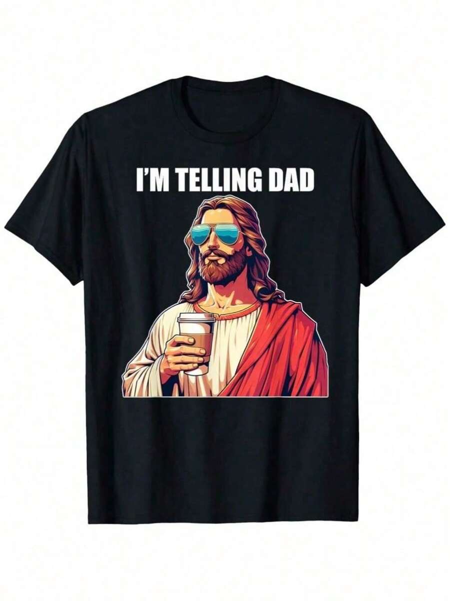 I'm Telling Dad Shirt Funny Religious Christian Jesus Meme T-Shirt Oversized Short Sleeve Classic Heavy Cotton T Shirt Printed Graphic Tee Women's Casual Short-Sleeved Top -Versatile Basic T-Shirts - 黑色 - 查看 1