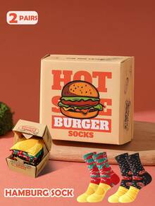 2 Pairs Fast Food Themed Novelty Crew Socks Gift Box, 2026 Spring/Summer New Unisex Sports Socks, Whimsical Food Inspired Creative Design, Knit Fabric, Tall & Thick Soft Comfortable, Perfect For Easter, Birthday, Thanksgiving, Halloween, Christmas, Carnival, Valentine's Day, Family Gathering, Party, Holiday Gifts, Casual Everyday Wear - Multicolor - View 2