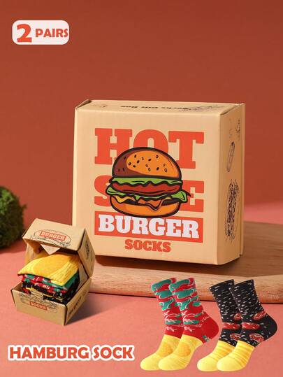 2 Pairs Fast Food Themed Novelty Crew Socks Gift Box, 2026 Spring/Summer New Unisex Sports Socks, Whimsical Food Inspired Creative Design, Knit Fabric, Tall & Thick Soft Comfortable, Perfect For Easter, Birthday, Thanksgiving, Halloween, Christmas, Carnival, Valentine's Day, Family Gathering, Party, Holiday Gifts, Casual Everyday Wear