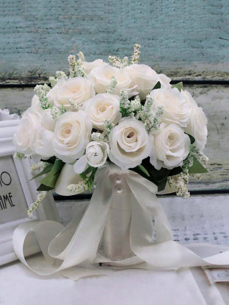 1支新款人造玫瑰花手柄新娘伴娘婚礼玫瑰花束，适用于伴娘、新娘、婚礼用品、摄影、婚礼仪式、家居装饰 - 白色 - 查看 1