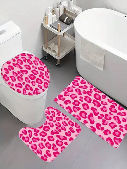 1/3 st. Alla hjärtans dag rosa leopardmönstrade badrumsmattaset, fuskpäls tvättbar badrumsdekor toalettsitsöverdrag, mjuk badrumsmatta, inklusive badrumsmatta, U-formad matta, toalettlocksöverdrag, lämplig för badrumsdusch, badrum, mångsidig matta, hållbar matta året runt, utmärkt presentidé, högtidsgåva, höst-/vinterdekor