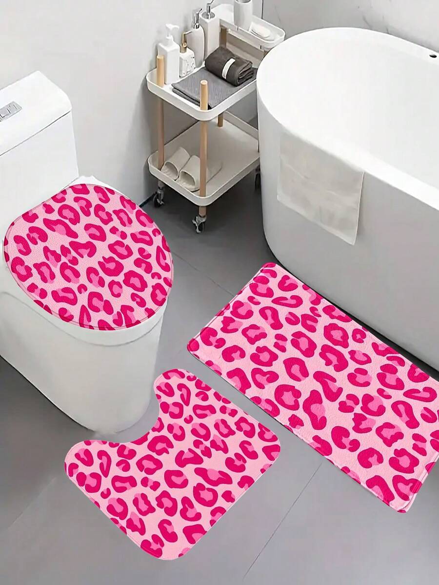 1/3pcs Valentine's Day Pink Leopard Print Bath Mat Set, Faux Fur Washable Bathroom Decor Toilet Seat Cover, Soft Bathroom Rug Carpet, Including Bath Mat, U-Shaped Mat, Toilet Lid Cover, Suitable For Bathroom Shower Area, Washroom, Multi-Purpose Rug, All Season Durable Mat, Great Gift Idea, Holiday Gift, Autumn/Winter Decor - Multicolor - View 1