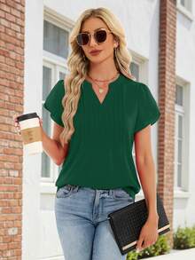 Funlingo Women Dressy Casual Tops Short Petal Sleeve V Neck Blouses Fashion 2026 Spring Pintuck Work Shirt Womens Short Sleeve Top Features Elegant Two-Layer Petal Sleeves, A Flattering V-Neckline, And Front Pintuck Pleats That Create A Polished, Flowy Shape - 綠色 - 查看 4