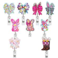 1个复活节兔子彩蛋蝴蝶结伸缩徽章夹，旋转式证件卡夹，适用于医生、护士、办公室职员、派对、返校必备、复活节徽章 - 彩色 - 查看 1