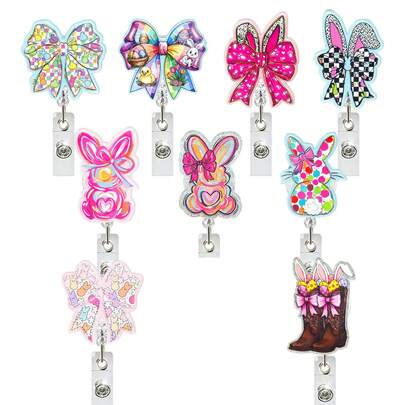 1个复活节兔子彩蛋蝴蝶结伸缩徽章夹，旋转式证件卡夹，适用于医生、护士、办公室职员、派对、返校必备、复活节徽章
