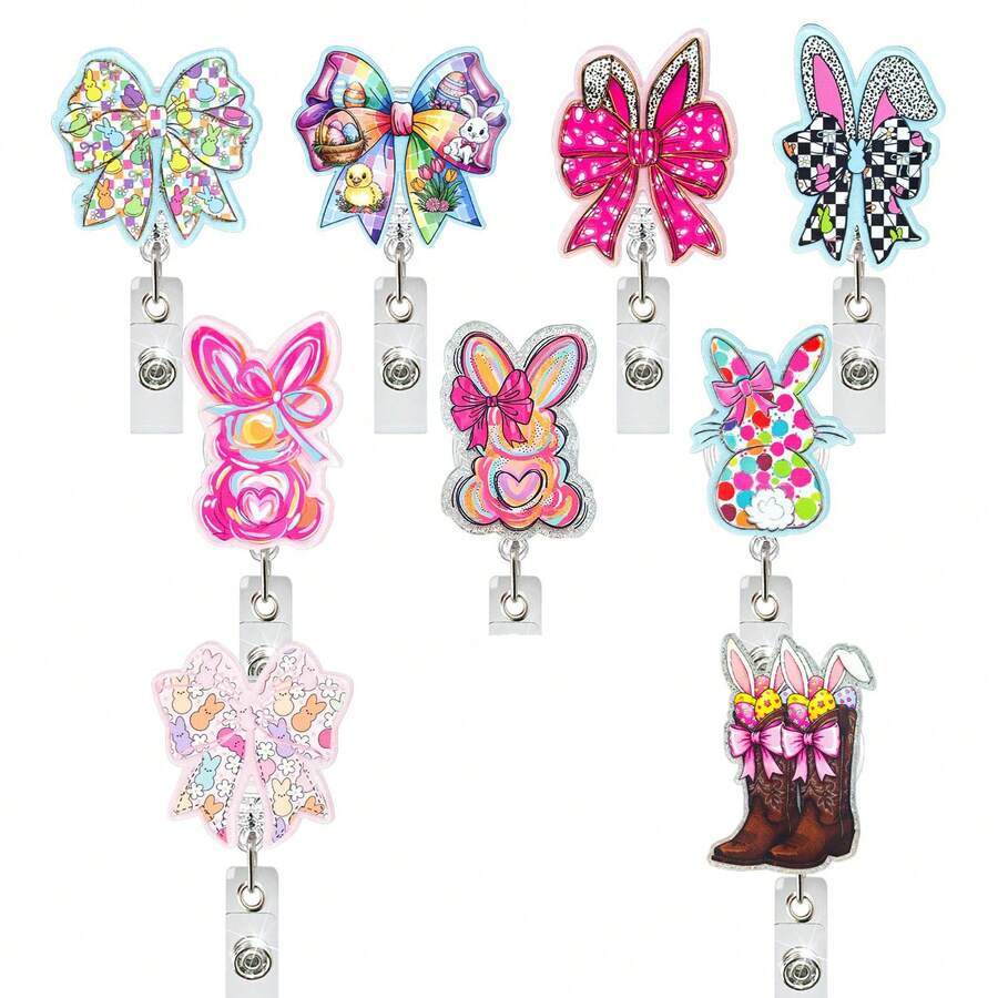 1个复活节兔子彩蛋蝴蝶结伸缩徽章夹，旋转式证件卡夹，适用于医生、护士、办公室职员、派对、返校必备、复活节徽章 - 彩色 - 查看 1