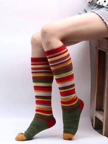 1 par de meias coloridas acima do joelho, meias casuais femininas, cores do arco-íris