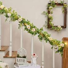 1个仿真尤加利花环，带玫瑰，仿真绿色植物花环，人造花卉悬挂藤蔓装饰，适用于桌子、壁炉、墙壁、拱门、家居、婚礼派对装饰，香槟色/粉色/白色，万圣节，圣诞节花卉装饰，情人节。 - 彩色 - 查看 8