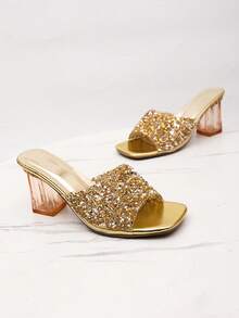 Sandalias con tacón transparente y adorno de strass en la punta cuadrada, elegantes tacones altos de moda para damas, apropiados para el uso diario en primavera/verano - Dorado - Ver 8