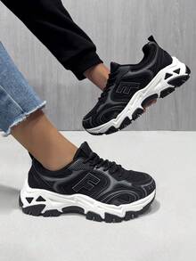 FIREQUEEN 女士休闲运动鞋，厚底运动鞋，系带圆头透气网布拼接休闲鞋，舒适时尚校园风，适合步行、跑步，四季皆宜