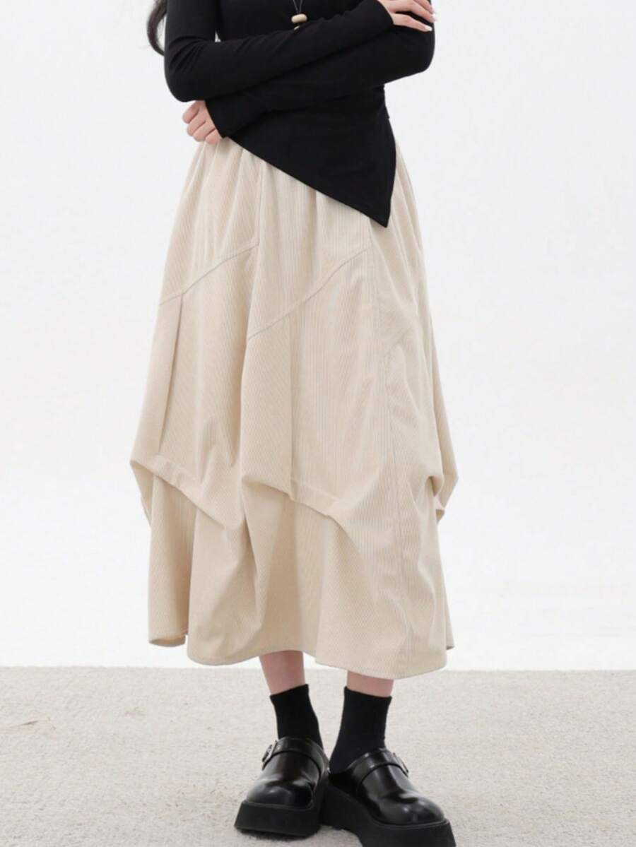 百褶A字裙，松紧腰，中长款，高腰显瘦，2026春季新款女装 - 杏色 - 查看 1