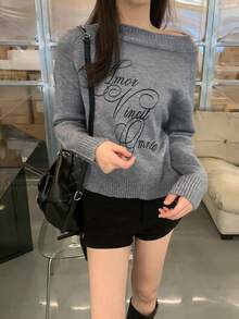 休闲字母印花圆领毛衣，秋冬季 - 灰色 - 查看 5