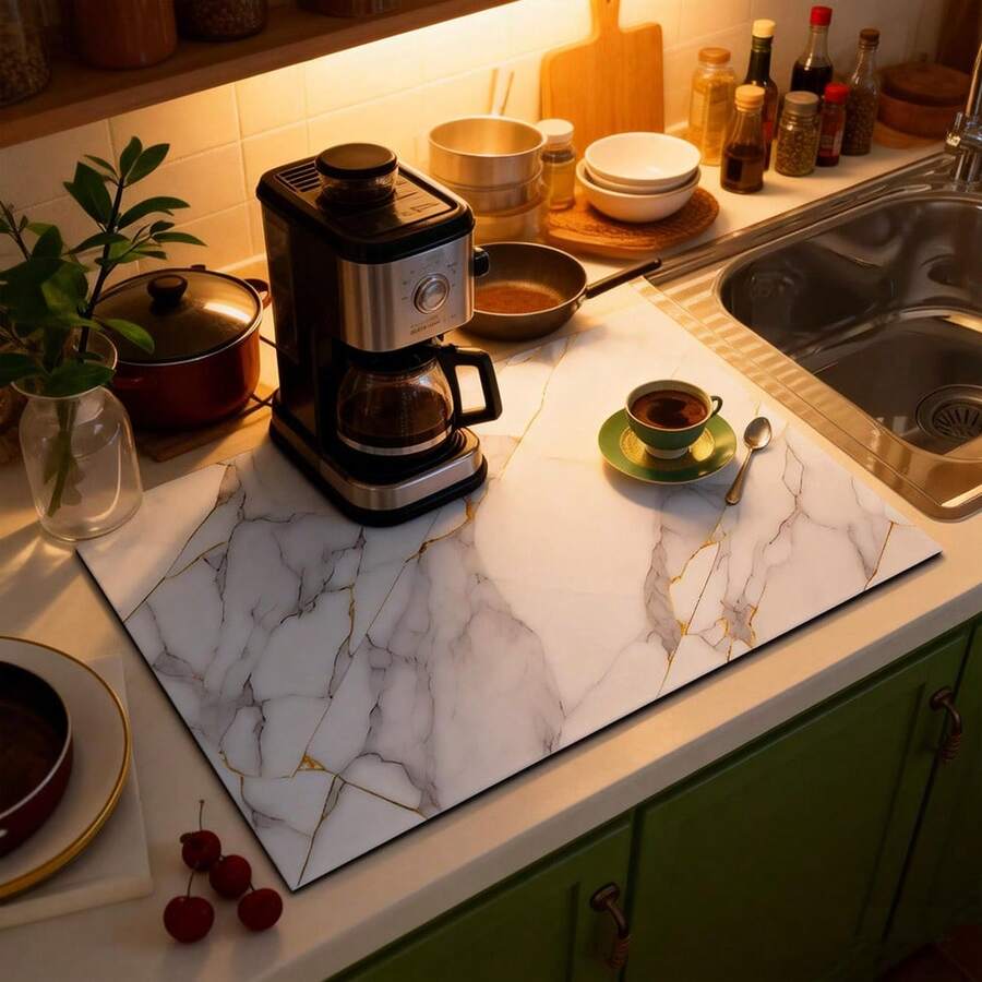 这款厨房台面垫印有白色大理石纹图案,可用作餐具沥水垫、咖啡吧垫、厨房台面垫,底部采用防滑橡胶材质,并带有排水孔设计。它也是餐具晾干的保护垫,非常适合厨房、餐厅和露台餐桌装饰。是一款实用的厨房配件。 - 彩色 - 查看 1
