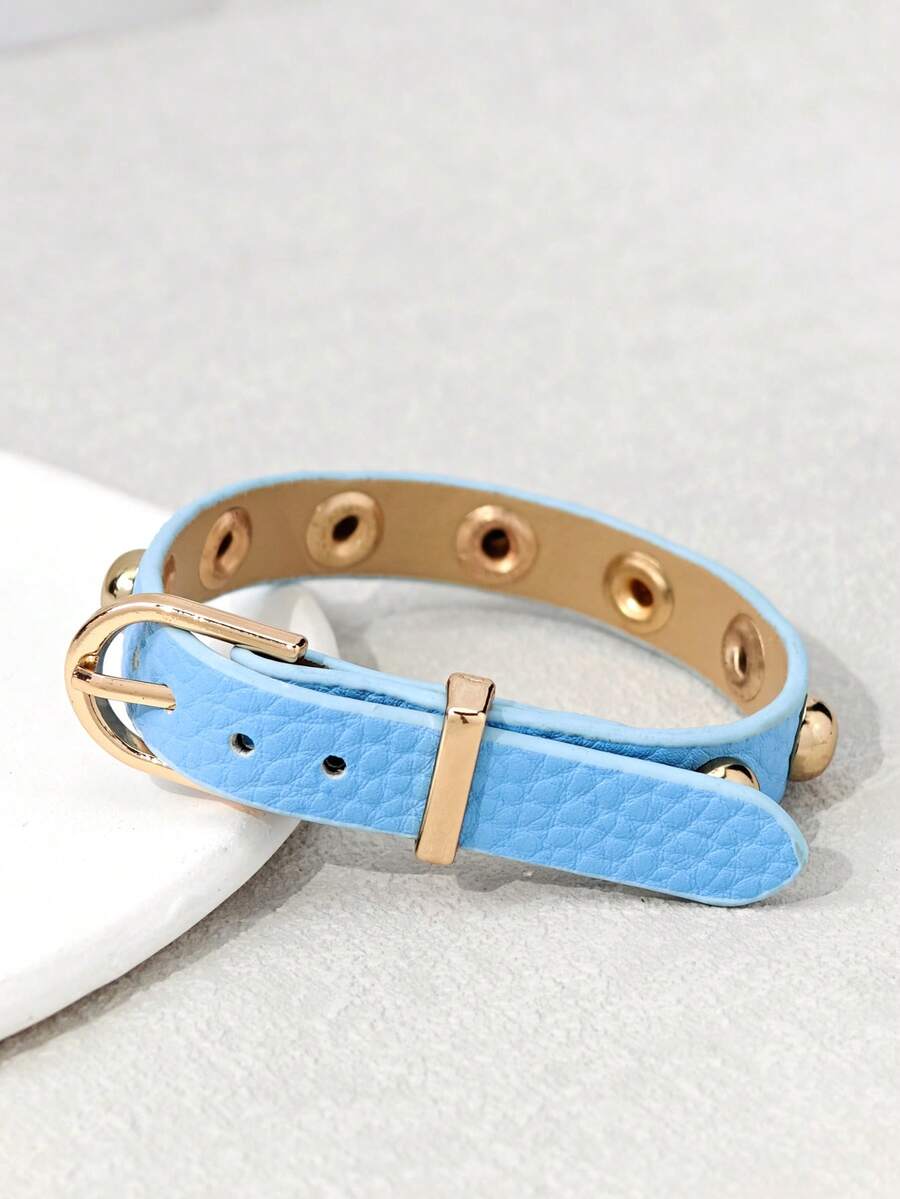 1pc Women's Punk Rivet PU Round Rivet Motorcycle Goth Y2K Adjustable Bracelet, Versatile For Daily Wear - Blue - View 1