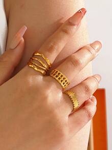 3pcs/Set Stainless Steel Geometric Line Hoop Rings, Suitable For Women's Daily And Party Wear - Multicolor - View 7