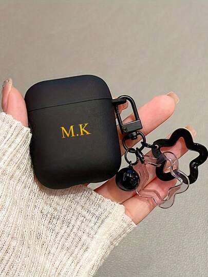 Customized (With Star Pendant) Minimalist Aluminum Alloy Flower Design TPU Earbud Protective Case Compatible With AirPods 1/2 And Pro 3, Customized Letter Name, Back To School, Valentine's Day Gift, Good Birthday Gift, Holiday Gift, Gift For Him/Her, Personalized Gift, Anniversary Gift, Wedding Gift, Personalized Gift For Dad/Mom