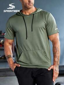 男士速干透气连帽短袖T恤，休闲运动风，男友风修身健身T恤，可机洗，适合户外、跑步、健身房训练 - 軍綠色 - 查看 2