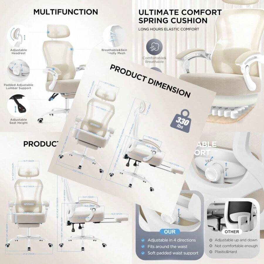 Ergonomic Office Chair With FootrestUltra Thick Reclining Office Desk Chair With Adjustable 2D Lumbar Port And Headrest Spring Cushion High Back Premium Mesh Computer Chair Office Chairs Cream - Beige - View 1
